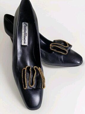 CostaBlanca Black Pumps Women's Size 10 Heels Ruffle Studs Block Heel